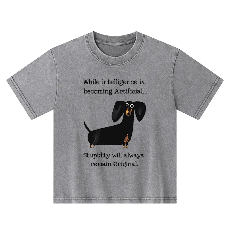 Kyoto-Lion Dachshund Real Humor Funny Meme Kids Washed T-Shirt
