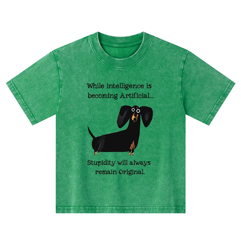 Kyoto-Lion Dachshund Real Humor Funny Meme Kids Washed T-Shirt