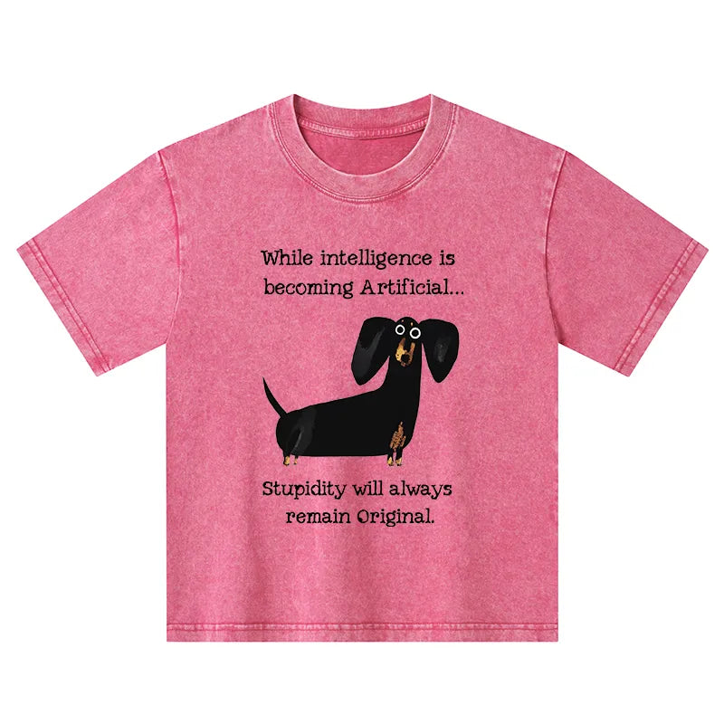Kyoto-Lion Dachshund Real Humor Funny Meme Kids Washed T-Shirt