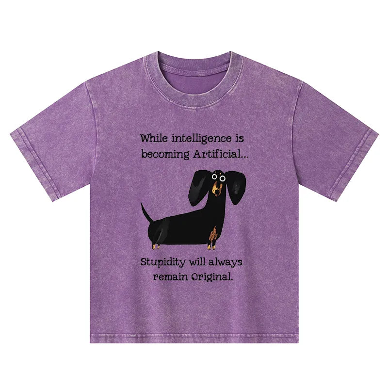Kyoto-Lion Dachshund Real Humor Funny Meme Kids Washed T-Shirt