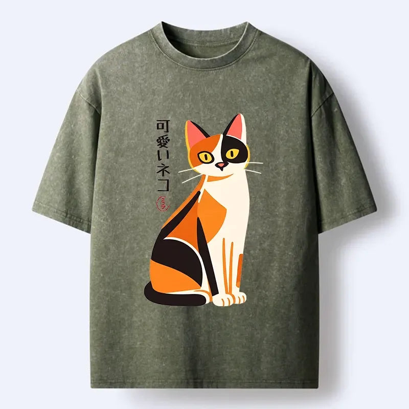Kyoto-Lion Cute Calico Cat Japanese Minimal Art Washed T-Shirt