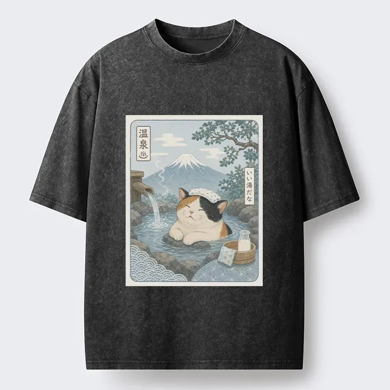 Kyoto-Lion Mount Fuji Onsen Cat Calming Art Washed T-Shirt