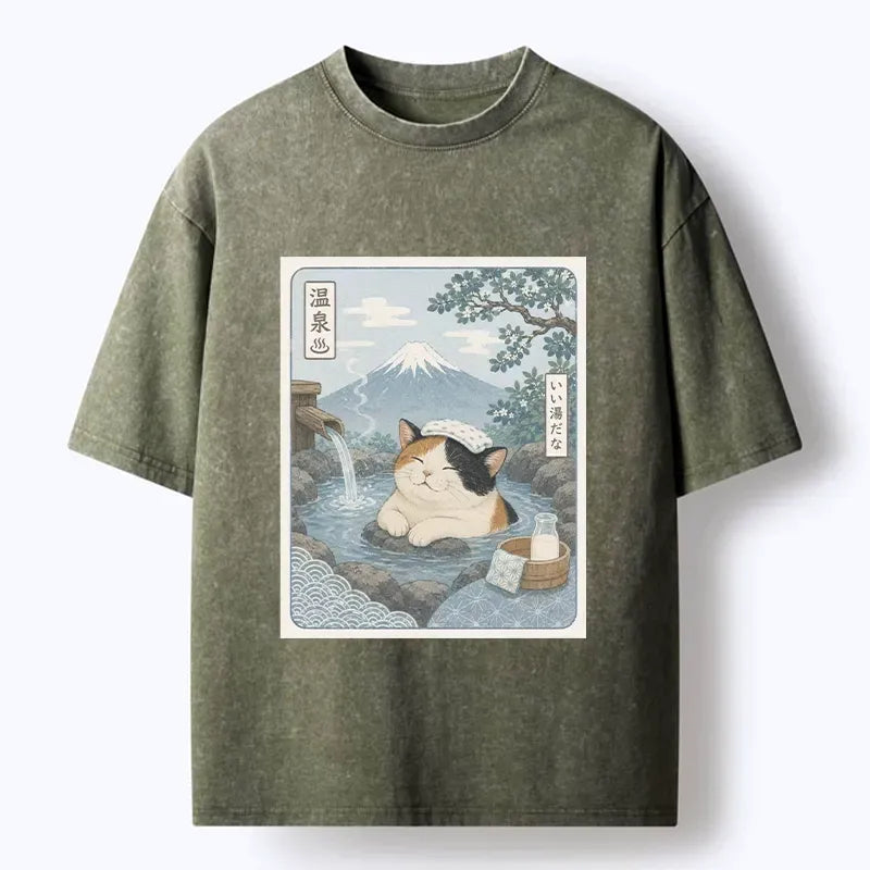 Kyoto-Lion Mount Fuji Onsen Cat Calming Art Washed T-Shirt
