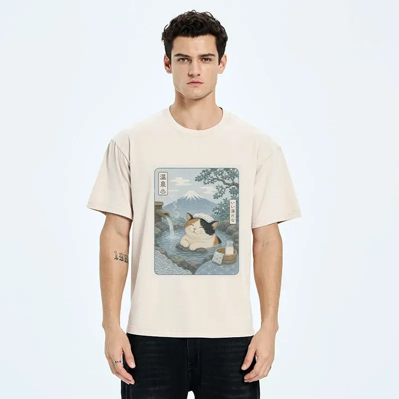 Kyoto-Lion Mount Fuji Onsen Cat Calming Art Washed T-Shirt