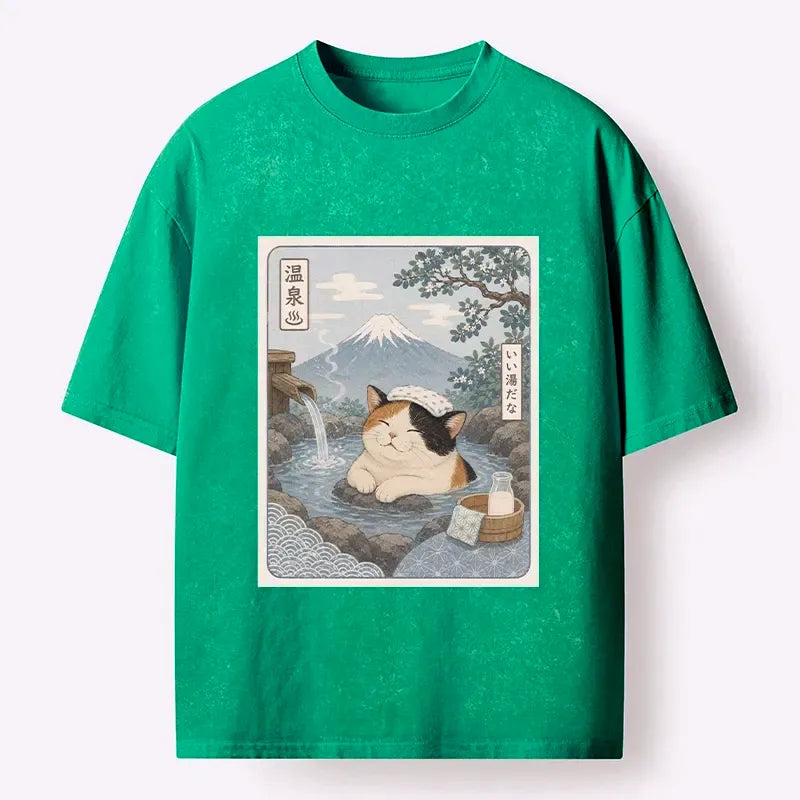 Kyoto-Lion Mount Fuji Onsen Cat Calming Art Washed T-Shirt