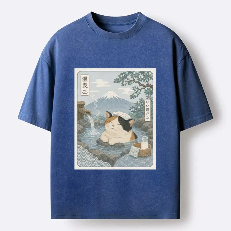 Kyoto-Lion Mount Fuji Onsen Cat Calming Art Washed T-Shirt