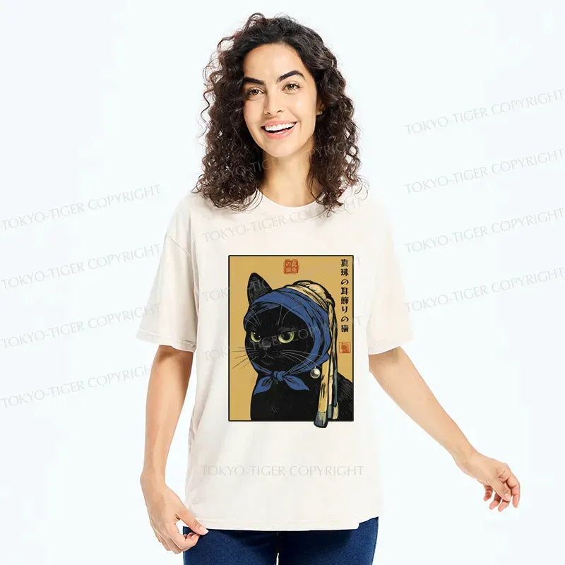 washed unisex t shirt with pearl earring cat
