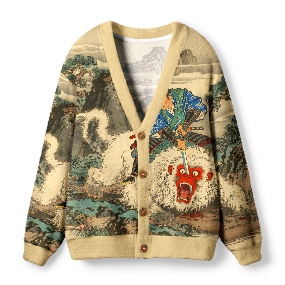 Kyoto-Lion Samurai Kills Monkey Ugly Cardigan Sweater