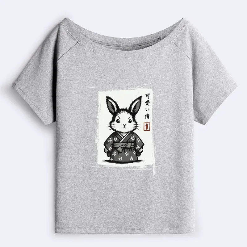 Off Shoulder T-Shirt with Rabbit Print