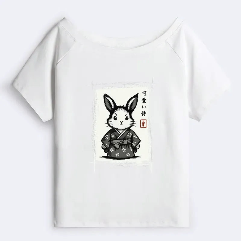 Woodcut Bunny Off Shoulder T-Shirt