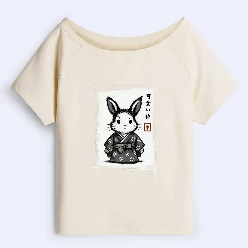 Kyoto-Lion Woodcut Bunny Off Shoulder T-Shirt