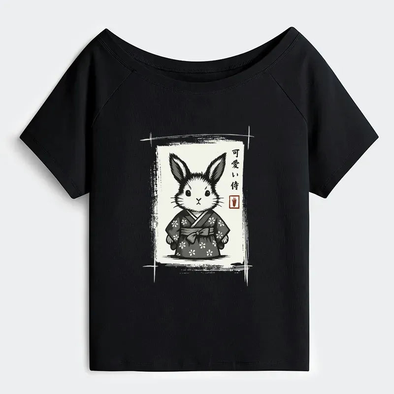 Off Shoulder T-Shirt with Rabbit Print