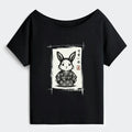 Off Shoulder T-Shirt with Rabbit Print