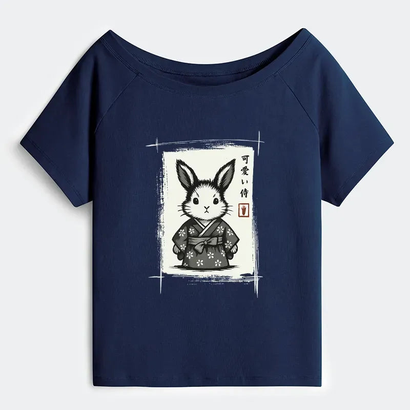 Kyoto-Lion Woodcut Bunny Off Shoulder T-Shirt