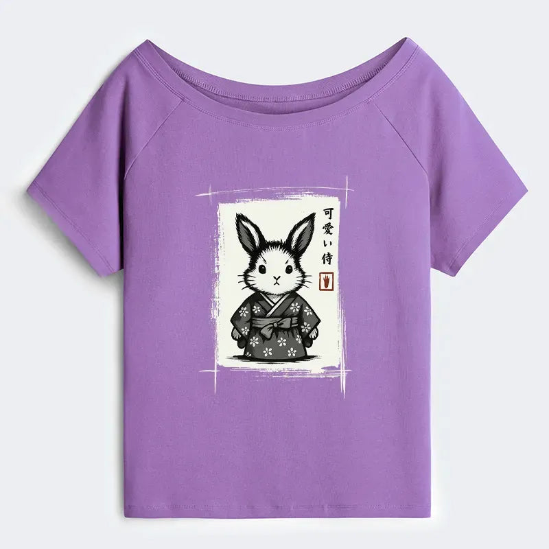Off Shoulder T-Shirt with Rabbit Print
