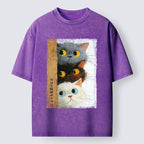 Three Cute Cats Washed T-Shirt for Summer