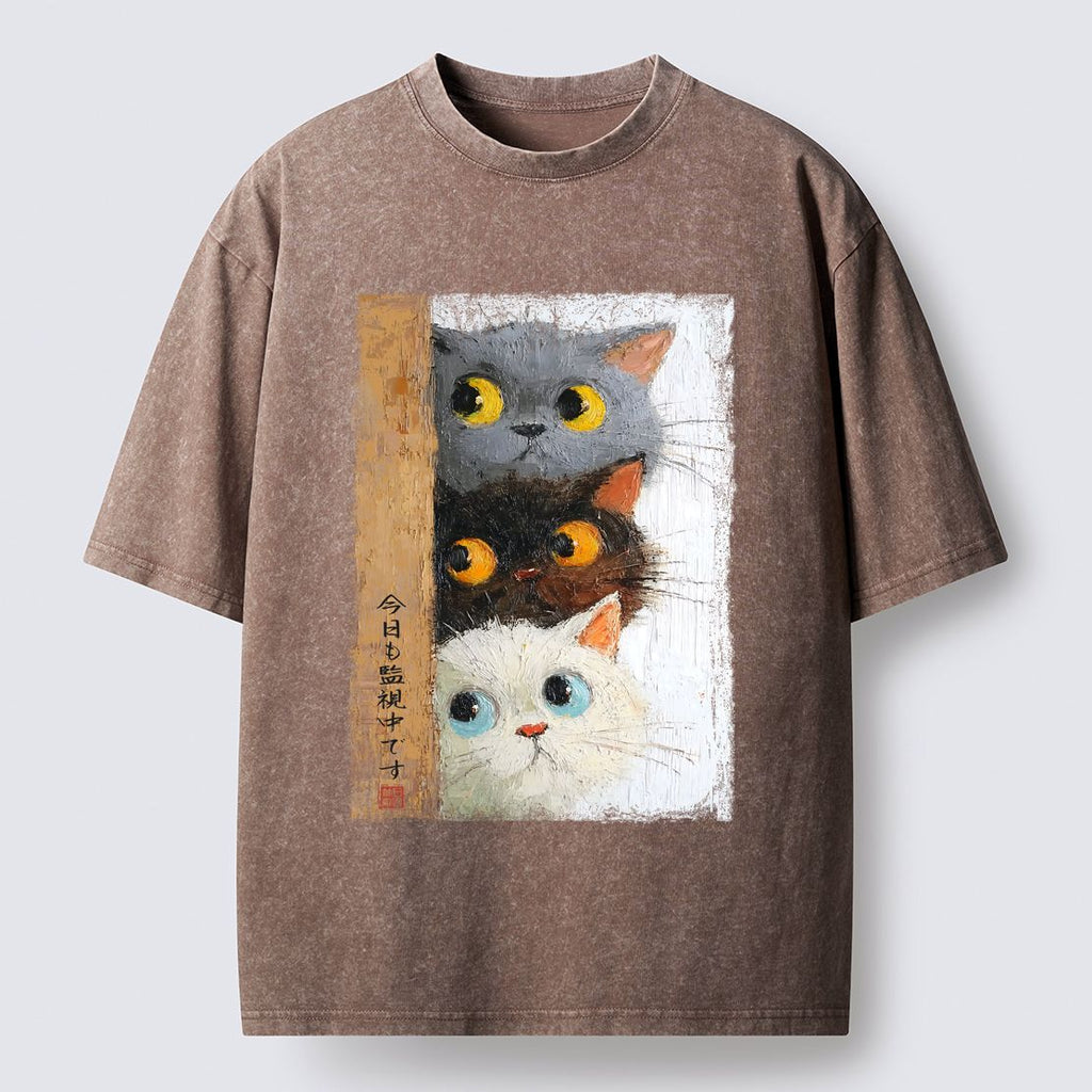 Three Cute Cats Washed T-Shirt for Summer