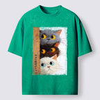 Three Cute Cats Washed T-Shirt for Summer