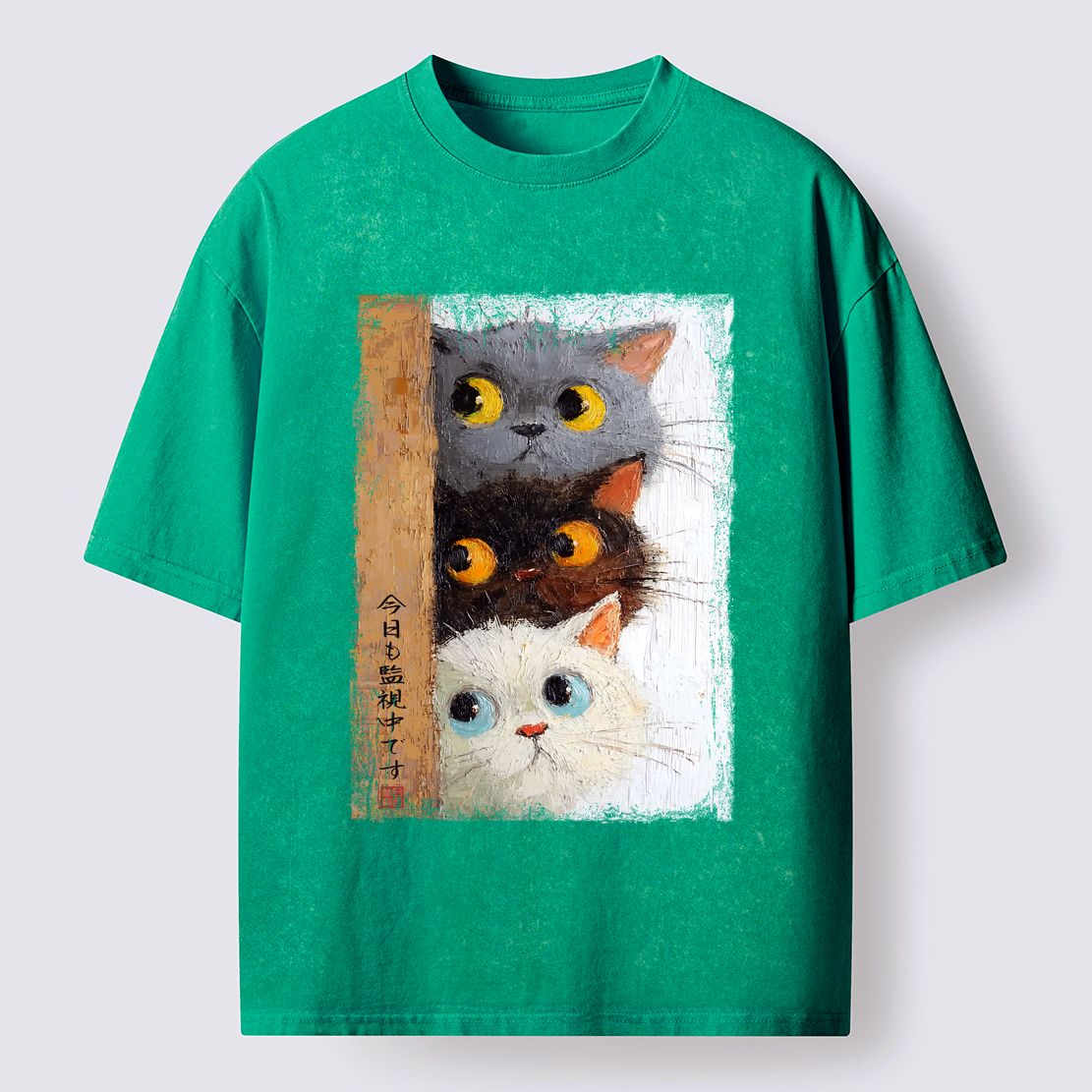 Three Cute Cats Washed T-Shirt for Summer