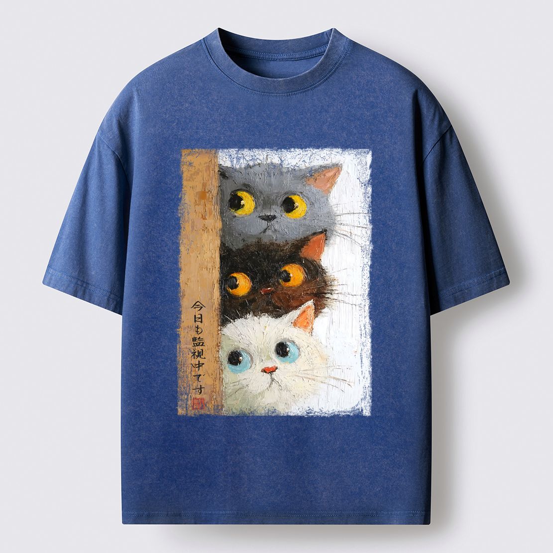 Three Cute Cats Washed T-Shirt for Summer