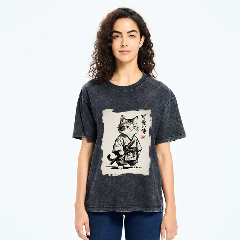 Washed Cat Illustration T-Shirt for Daily Wear