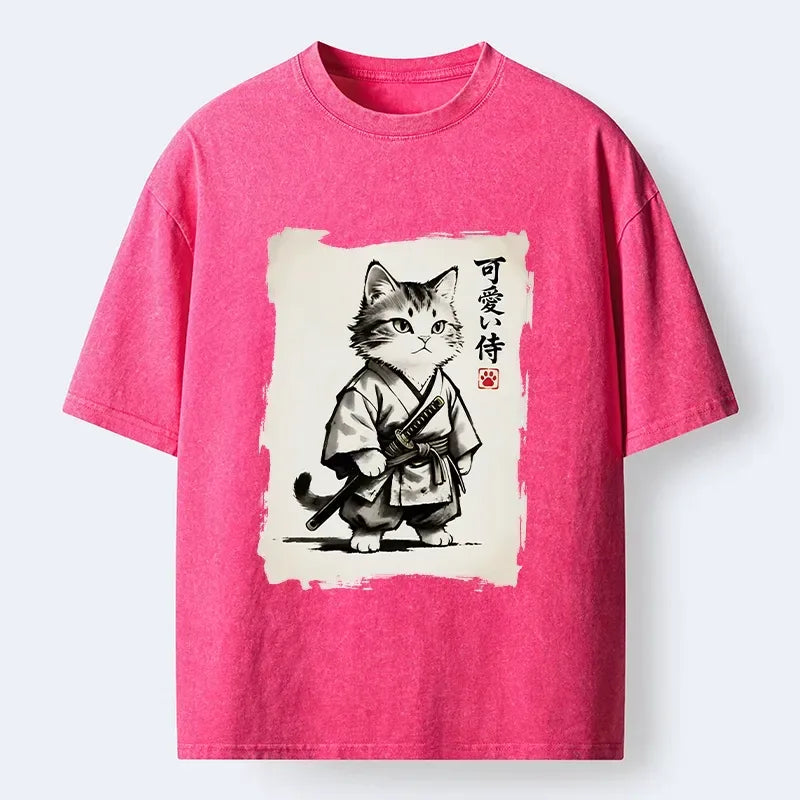 Washed Cat Illustration T-Shirt for Daily Wear