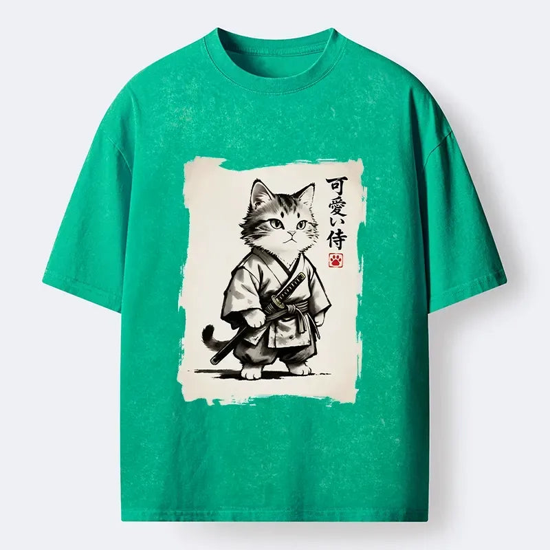 Kyoto-Lion Japanese Samurai Cat Illustration Washed T-Shirt