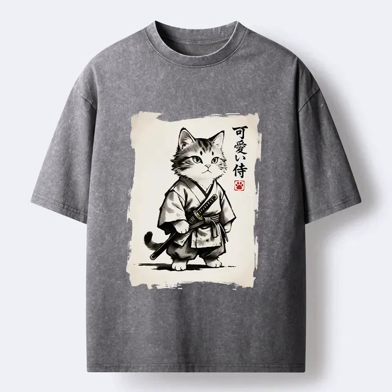 Kyoto-Lion Japanese Samurai Cat Illustration Washed T-Shirt