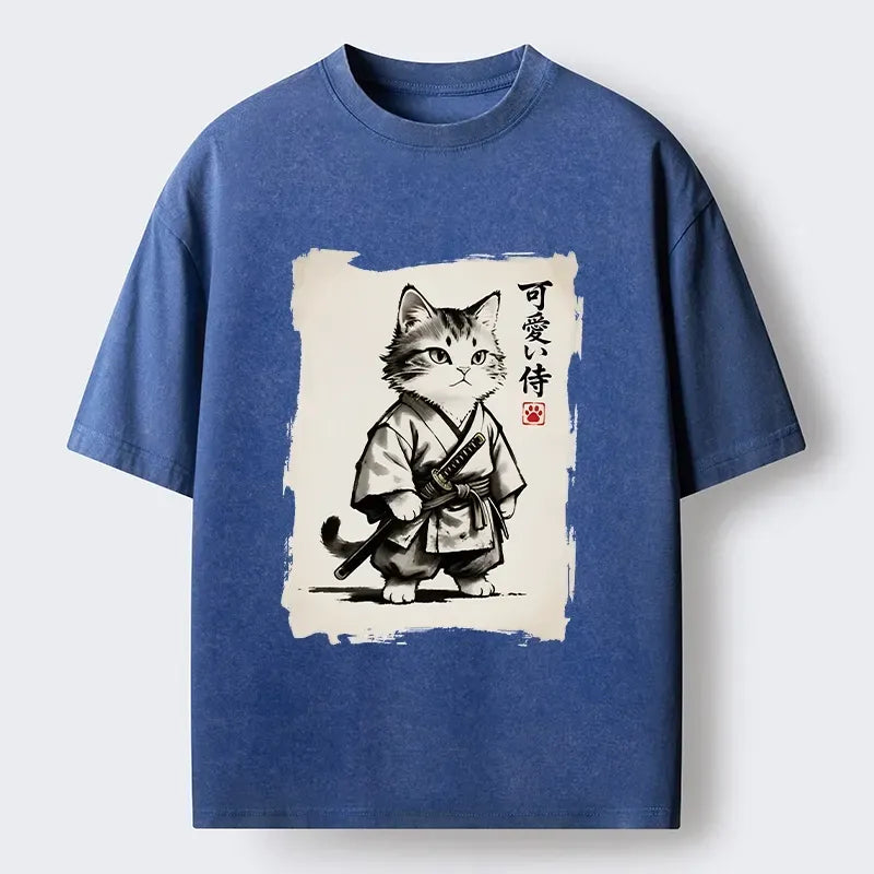 Washed Cat Illustration T-Shirt for Daily Wear
