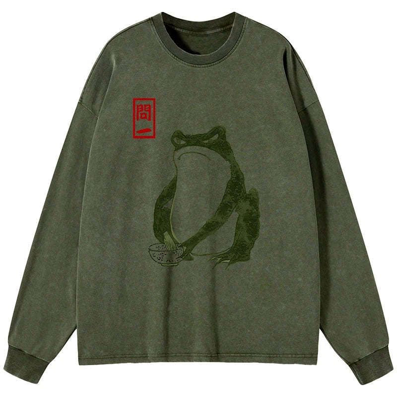 Kyoto-Lion Woodblock Print Frog Washed Long Sleeve T-Shirt