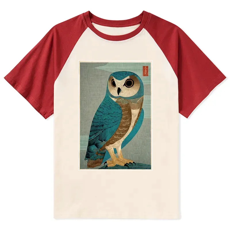 vintage owl woodblock art raglan t-shirt