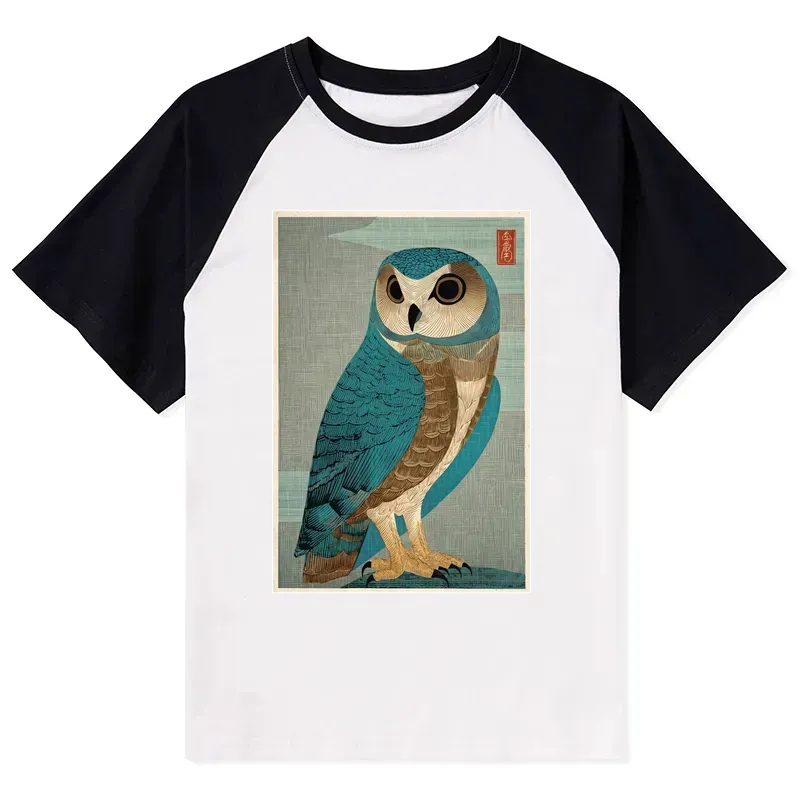 vintage owl woodblock art raglan t-shirt