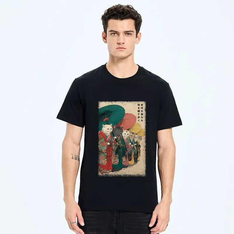 Colorful umbrellas kimono cat t-shirt