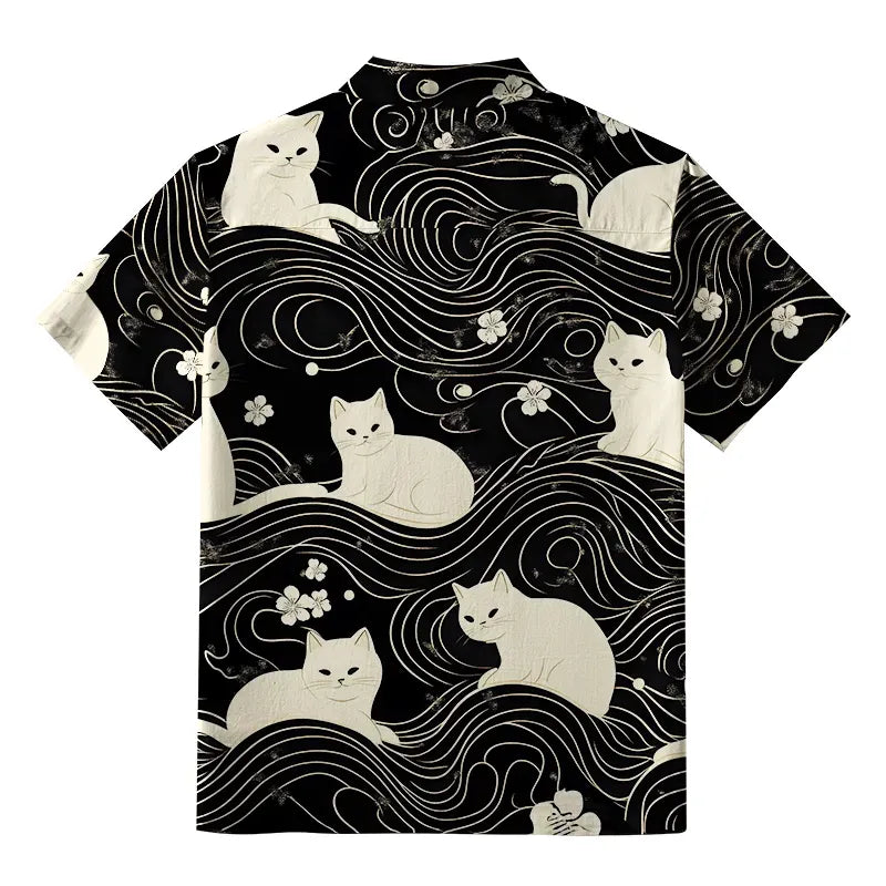 Retro Cat Print Shirt for Vacation