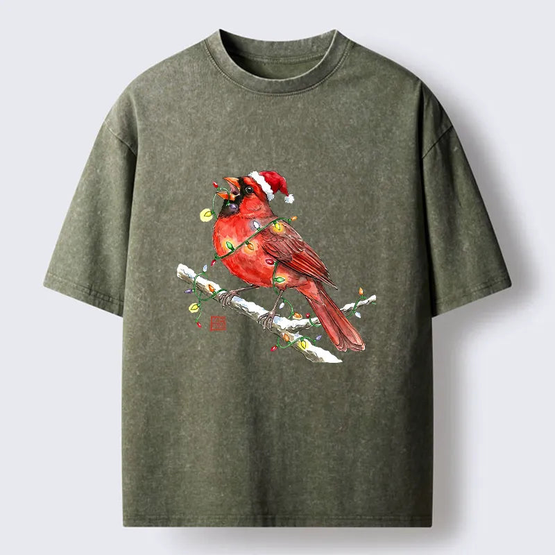 Kyoto-Lion Christmas Cute Cardinal Bird Washed T-Shirt