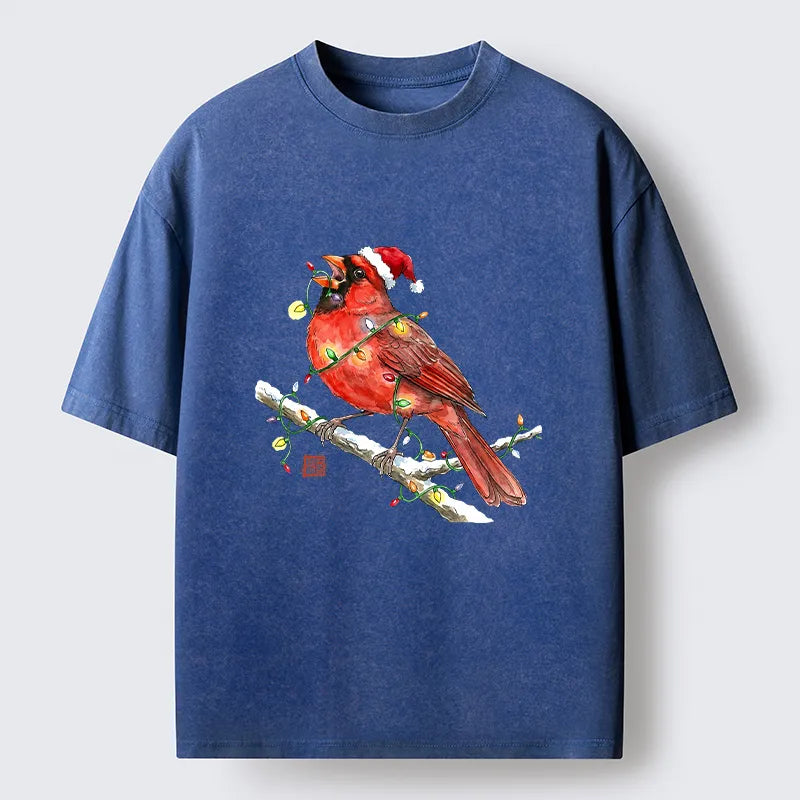 Kyoto-Lion Christmas Cute Cardinal Bird Washed T-Shirt