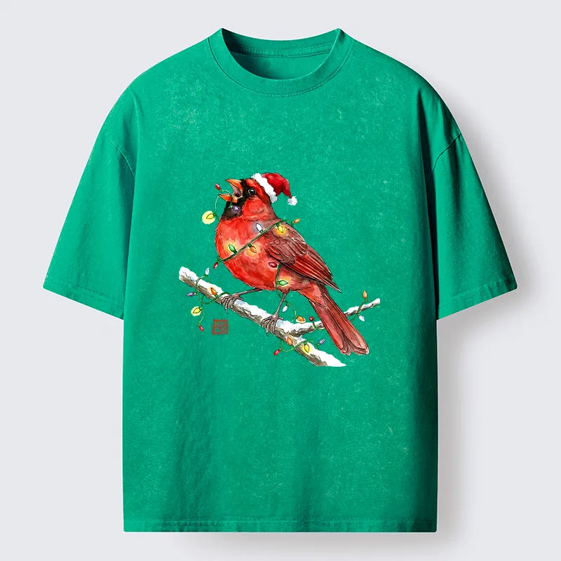 Kyoto-Lion Christmas Cute Cardinal Bird Washed T-Shirt
