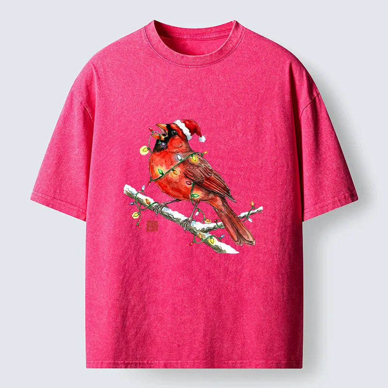 Kyoto-Lion Christmas Cute Cardinal Bird Washed T-Shirt