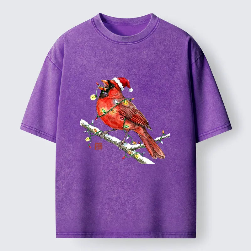 Kyoto-Lion Christmas Cute Cardinal Bird Washed T-Shirt
