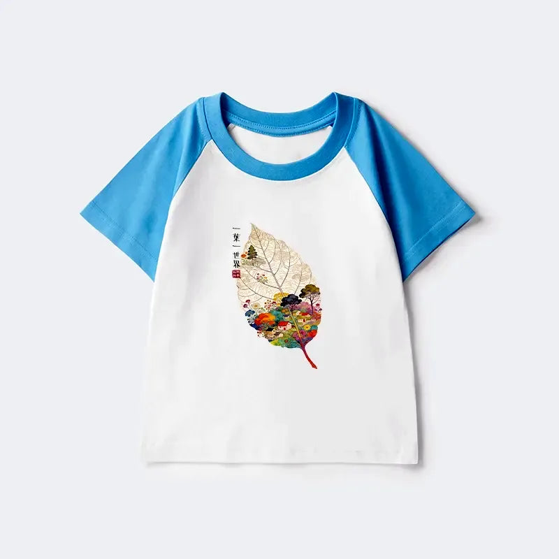 Kyoto-Lion One Leaf Holds A Tiny Colorful World Kids Raglan T-shirt