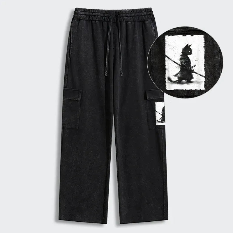 Kyoto-Lion Retro Cat Samurai Japanese Washed Utility Sweatpants