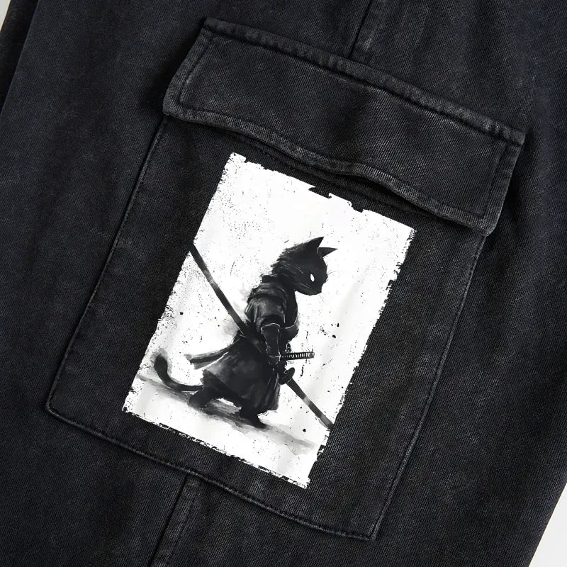 Kyoto-Lion Retro Cat Samurai Japanese Washed Utility Sweatpants