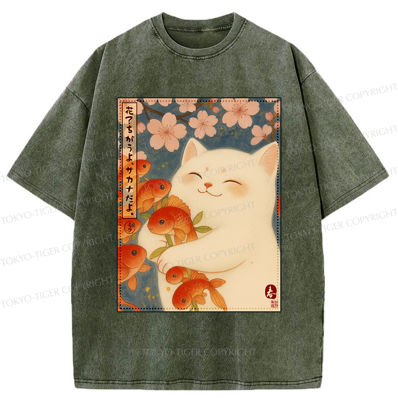Kyoto-Lion Funny Ukiyoe Cat and Fish Flower Washed T-Shirt