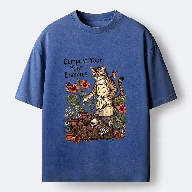 Kyoto-Lion Gardening Cat Compost Enemies Meme Washed T-Shirt