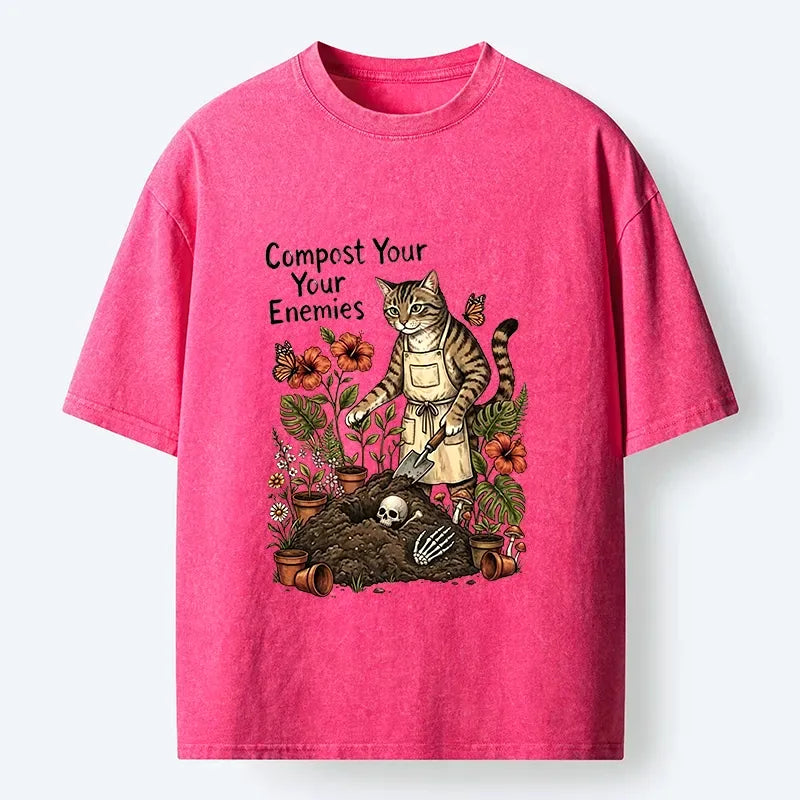 Kyoto-Lion Gardening Cat Compost Enemies Meme Washed T-Shirt