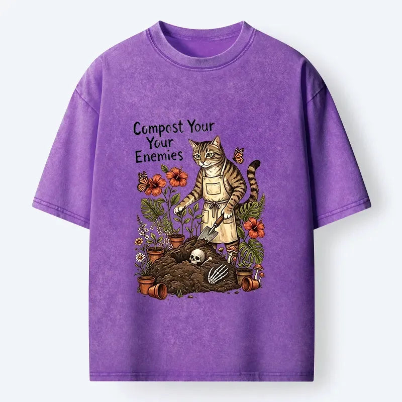 Kyoto-Lion Gardening Cat Compost Enemies Meme Washed T-Shirt