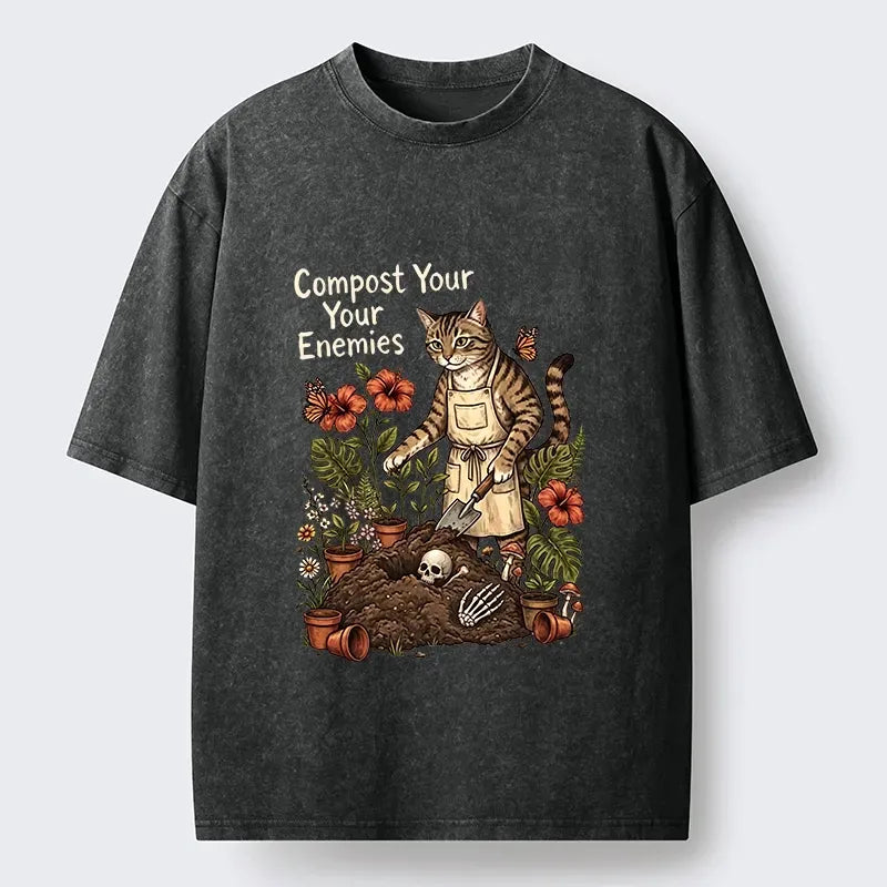 Kyoto-Lion Gardening Cat Compost Enemies Meme Washed T-Shirt