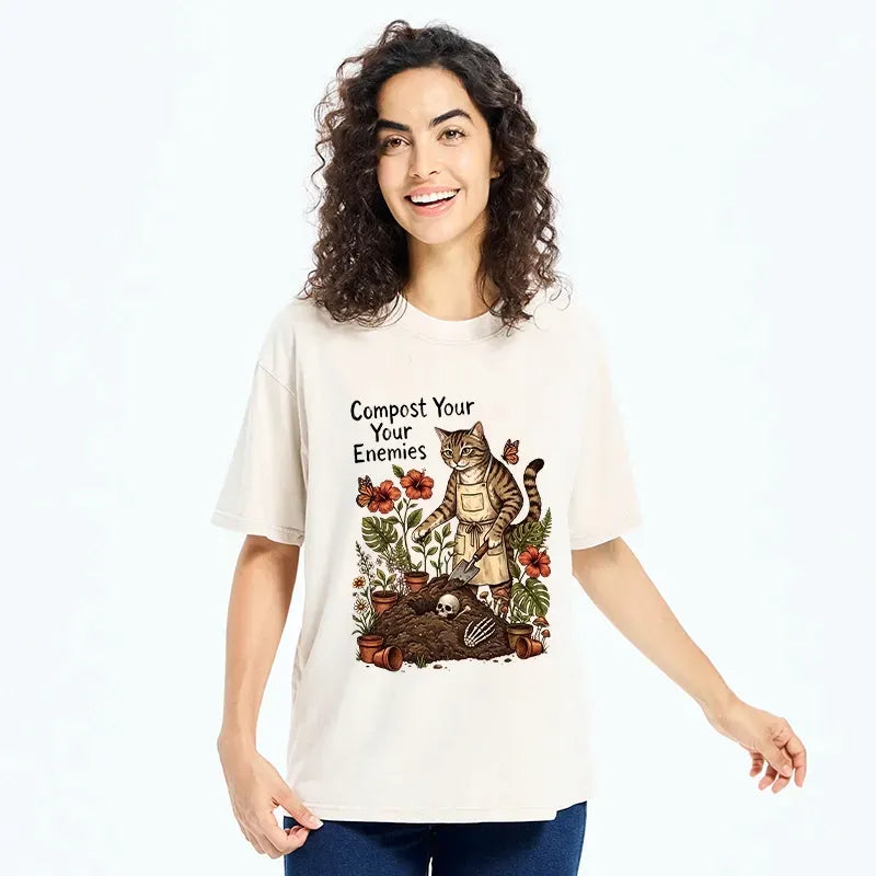 Kyoto-Lion Gardening Cat Compost Enemies Meme Washed T-Shirt