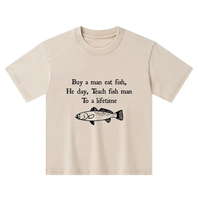 Kyoto-Lion Man Eat Fish Meme Kids Washed T-Shirt