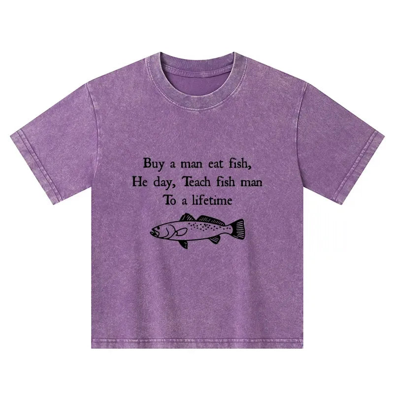 Kyoto-Lion Man Eat Fish Meme Kids Washed T-Shirt